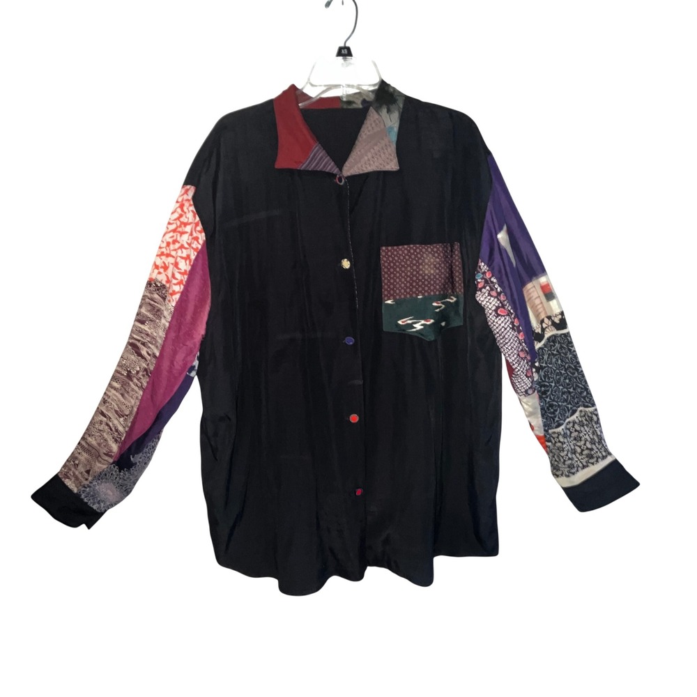 Vintage Claudia Grau Mixed Print Patchwork Silk Button Up Shirt Black Size 8 - Picture 1 of 14